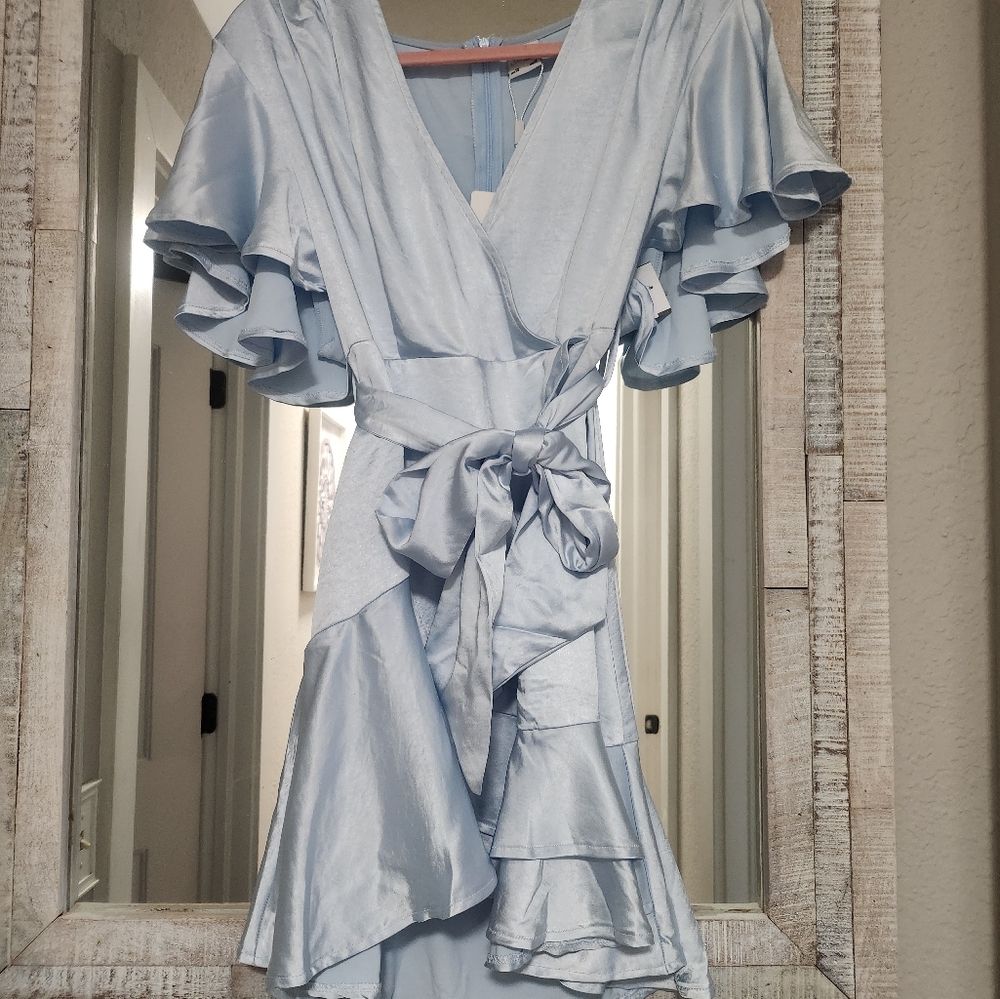 SOLD Selfie Leslie CAMI ANGEL SLEEVE FAUX WRAP DRESS STEEL BLUE - Picture 12 of 16